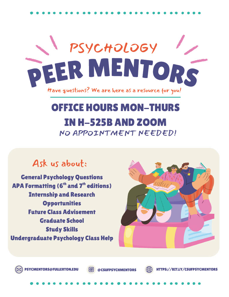 Psychology Peer Mentors flyer with a list of services to ask peer mentors and contact information