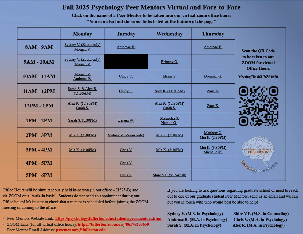Blue and orange office hours flyer with dates and times a peer mentor is available throughout the week