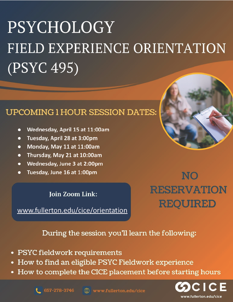 CICE PSYC 495 Psychology Field Expierence Orientation Flyer with dates and times for spring 2026 