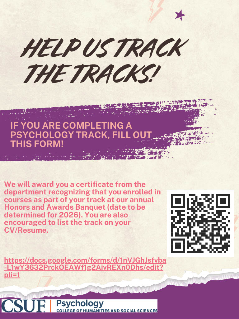 Purple and beige flyer titled Help Us Track the Tracks with a QR code linked to a form