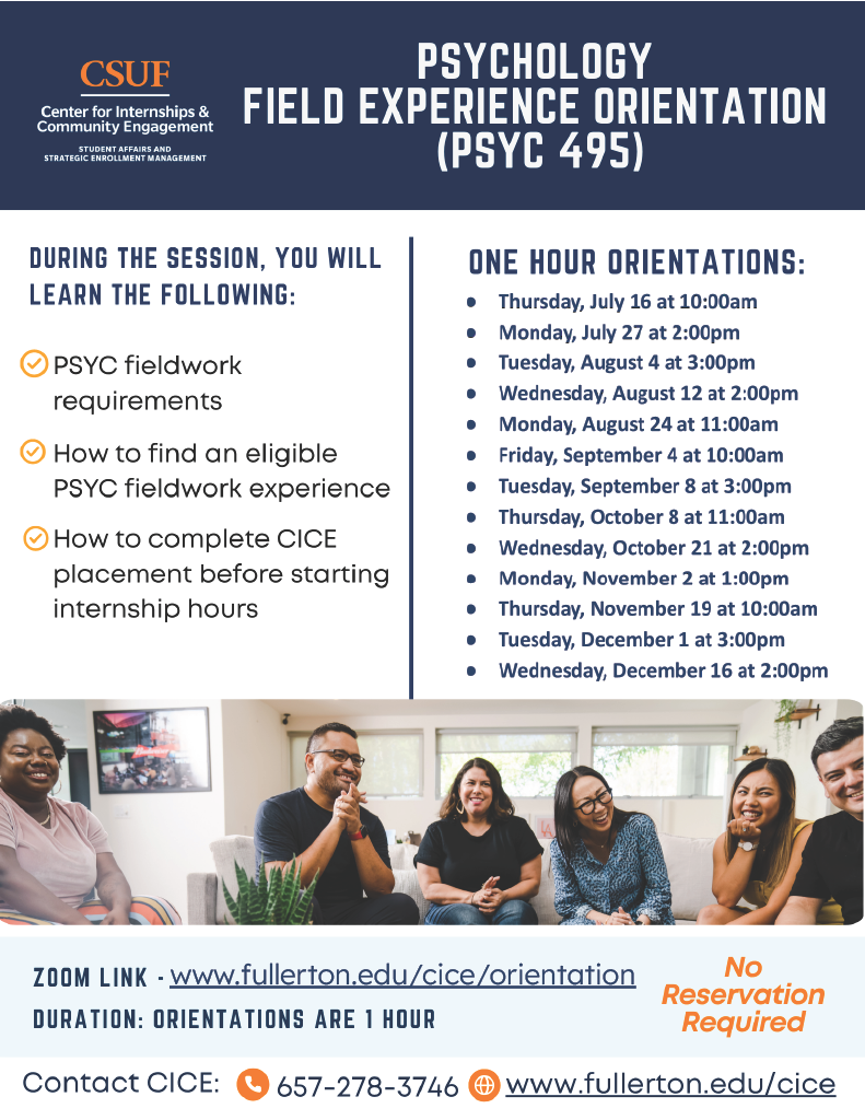 CICE PSYC 495 Psychology Field Expierence Orientation Flyer with dates and times for Summer and Fall 2026 