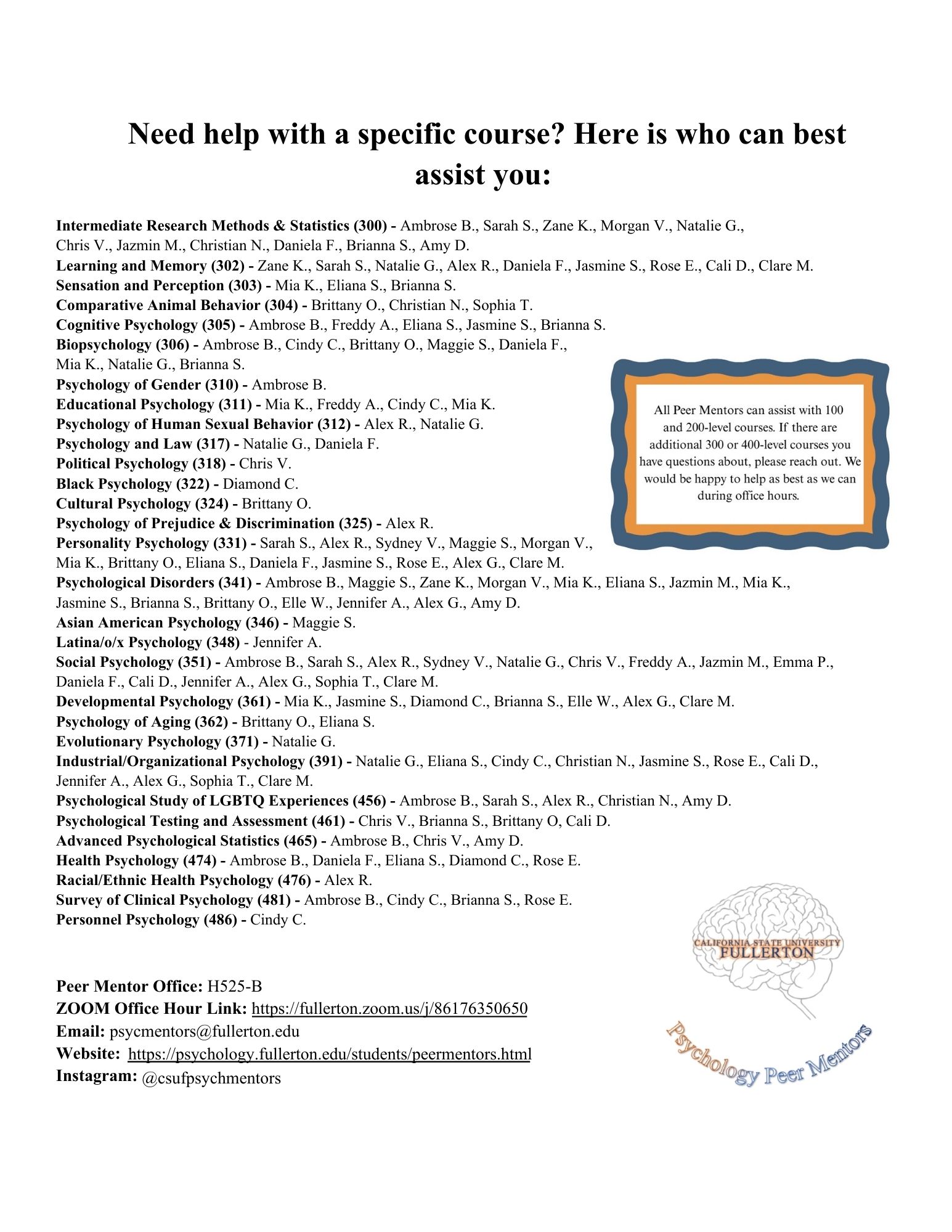 List of PSYC classes and the peer mentors who can assist students in the course