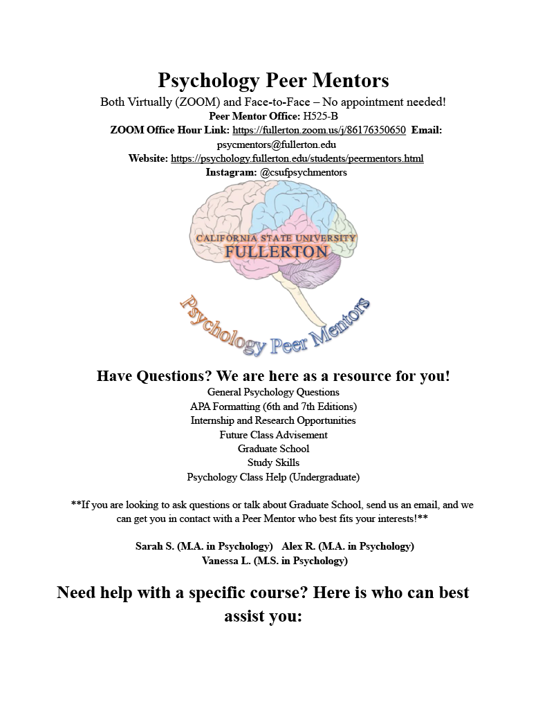 Peer Mentors flyer with contact information and services mentors offer