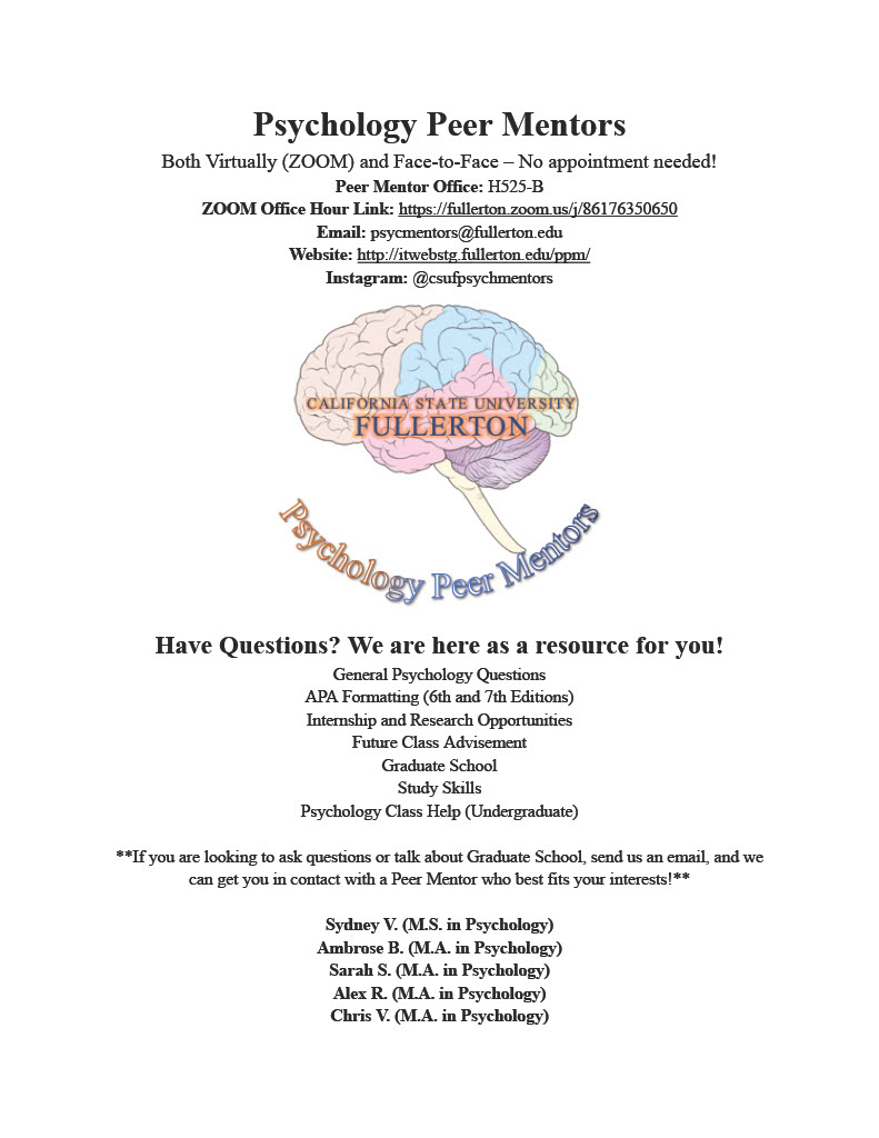 Psychology Peer Mentor Flyer with contact information and list of services offered