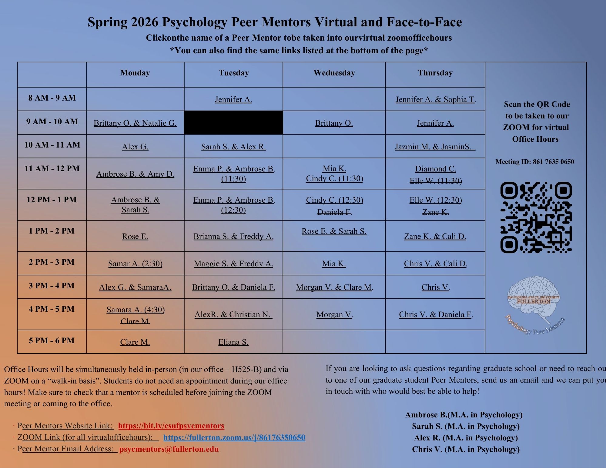 Schedule with list of peer mentors available for office hours Monday through Friday