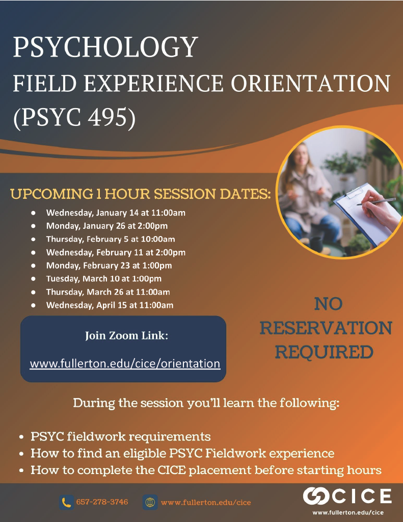 CICE PSYC 495 Psychology Field Expierence Orientation Flyer with dates and times for spring 2026 