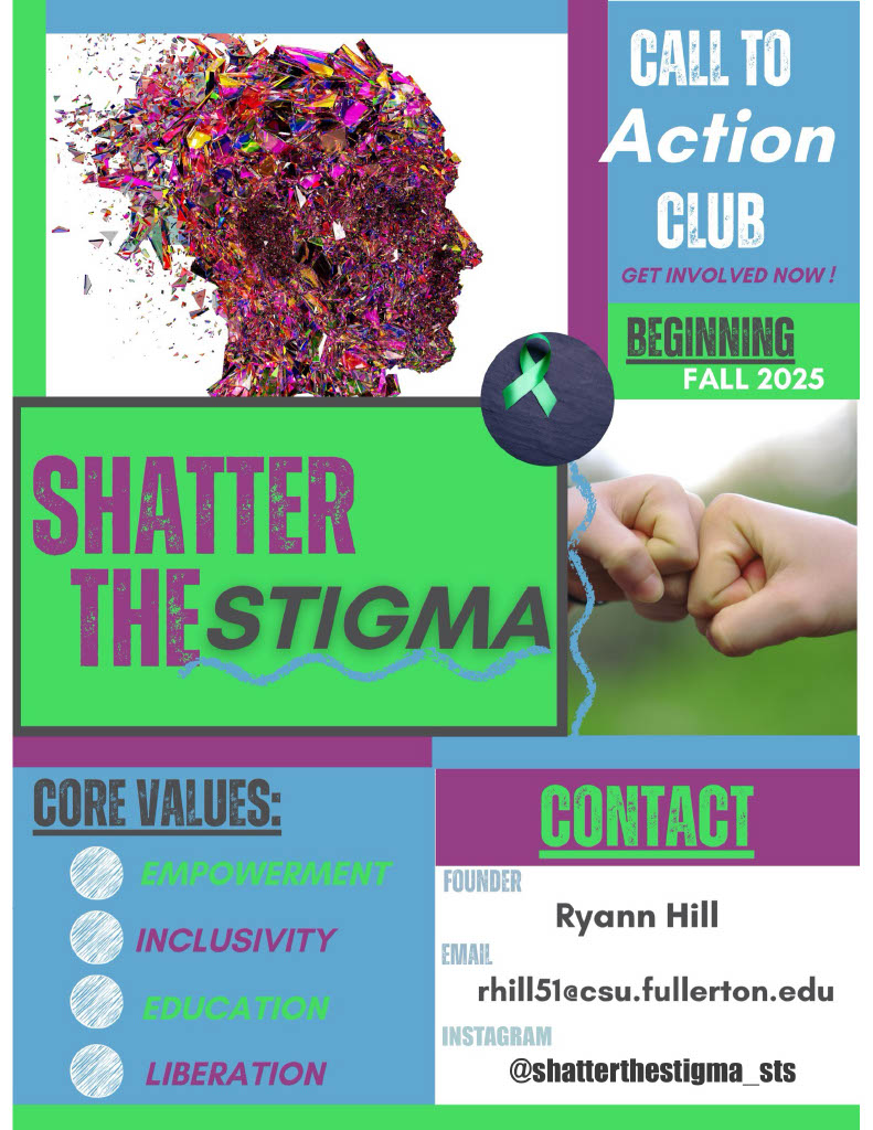 Green, blue, and purple flyer about the club Shatter the Stigma with listed core values and contact information
